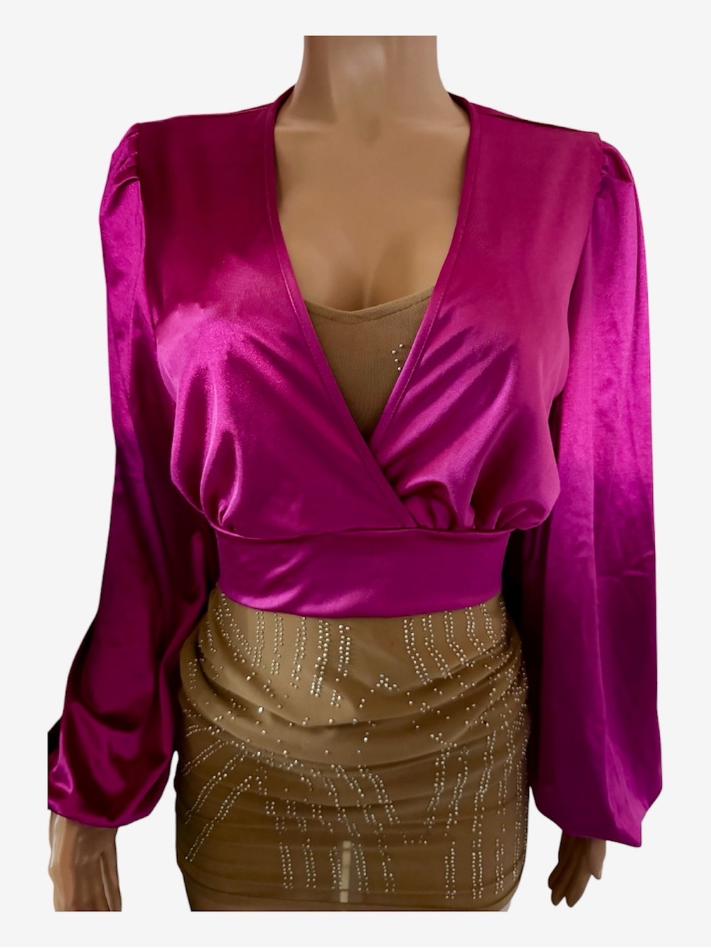 SHEIN Fuchsia Satin Wrap Crop Blouse